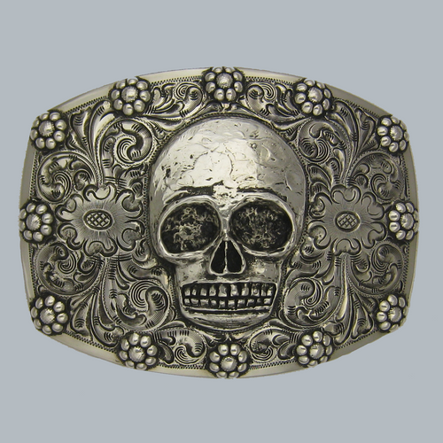 Buckle, Skull in Hand Engraved Sterling Silver TB-X01