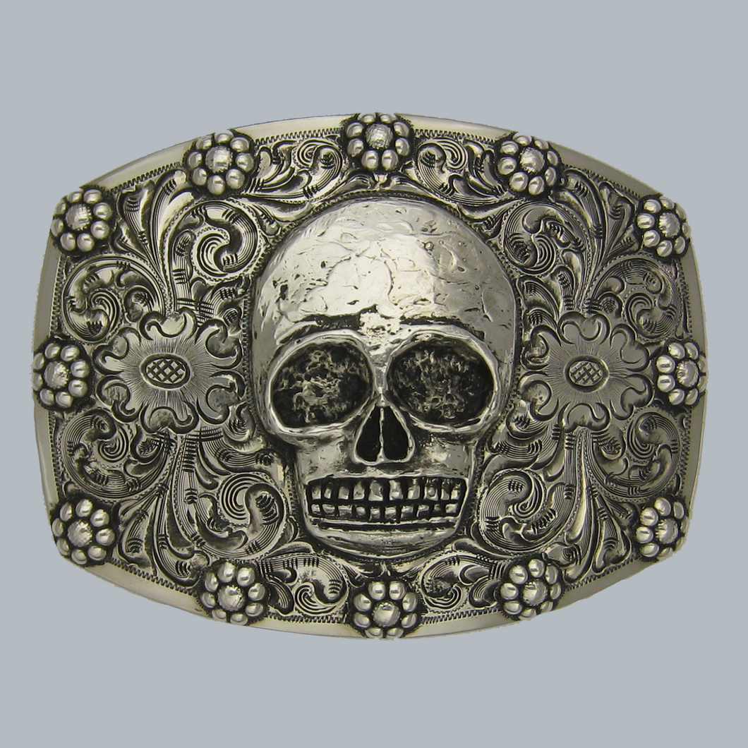 Buckle, Skull in Hand Engraved Sterling Silver TB-X01