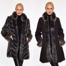 Beautiful-Woman-Wearing-3/4-Length-Reversable-Fur-Coat-by-Linda-Richards-9499-Black-Silver