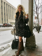 Beautiful-Woman-Wearing-3/4-Length-Reversable-Fur-Coat-by-Linda-Richards-9499-Black-Silver