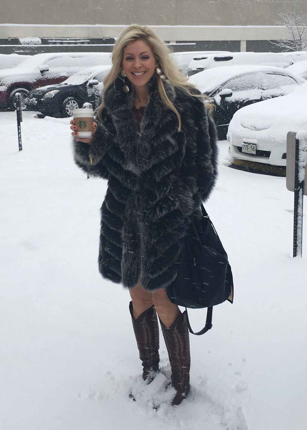 Beautiful-Woman-Wearing-3/4-Length-Reversable-Fur-Coat-by-Linda-Richards-9499-Black-Silver