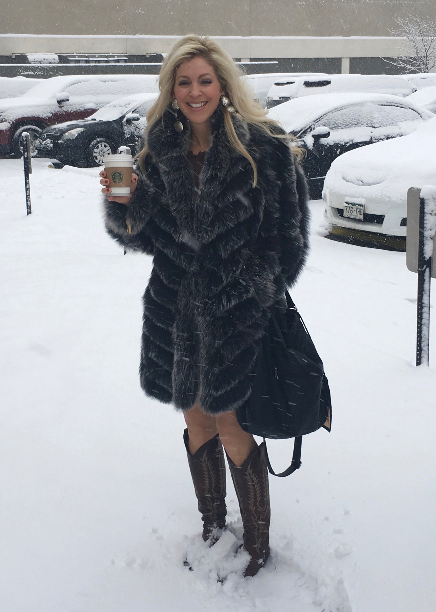 Beautiful-Woman-Wearing-3/4-Length-Reversable-Fur-Coat-by-Linda-Richards-9499-Black-Silver