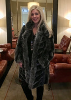 Beautiful-Woman-Wearing-3/4-Length-Reversable-Fur-Coat-by-Linda-Richards-9499-Black-Silver