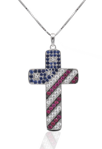 Necklace, American Flag Cross Pendant in Sterling Silver & CZ Stones