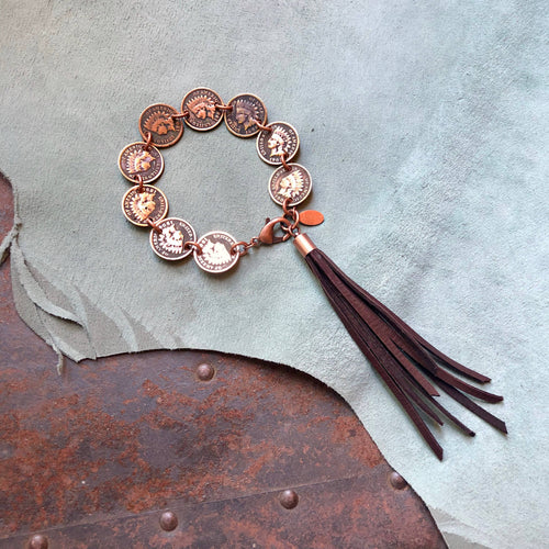 Bracelet, Indian Head Pennies with Deerskin Tassels