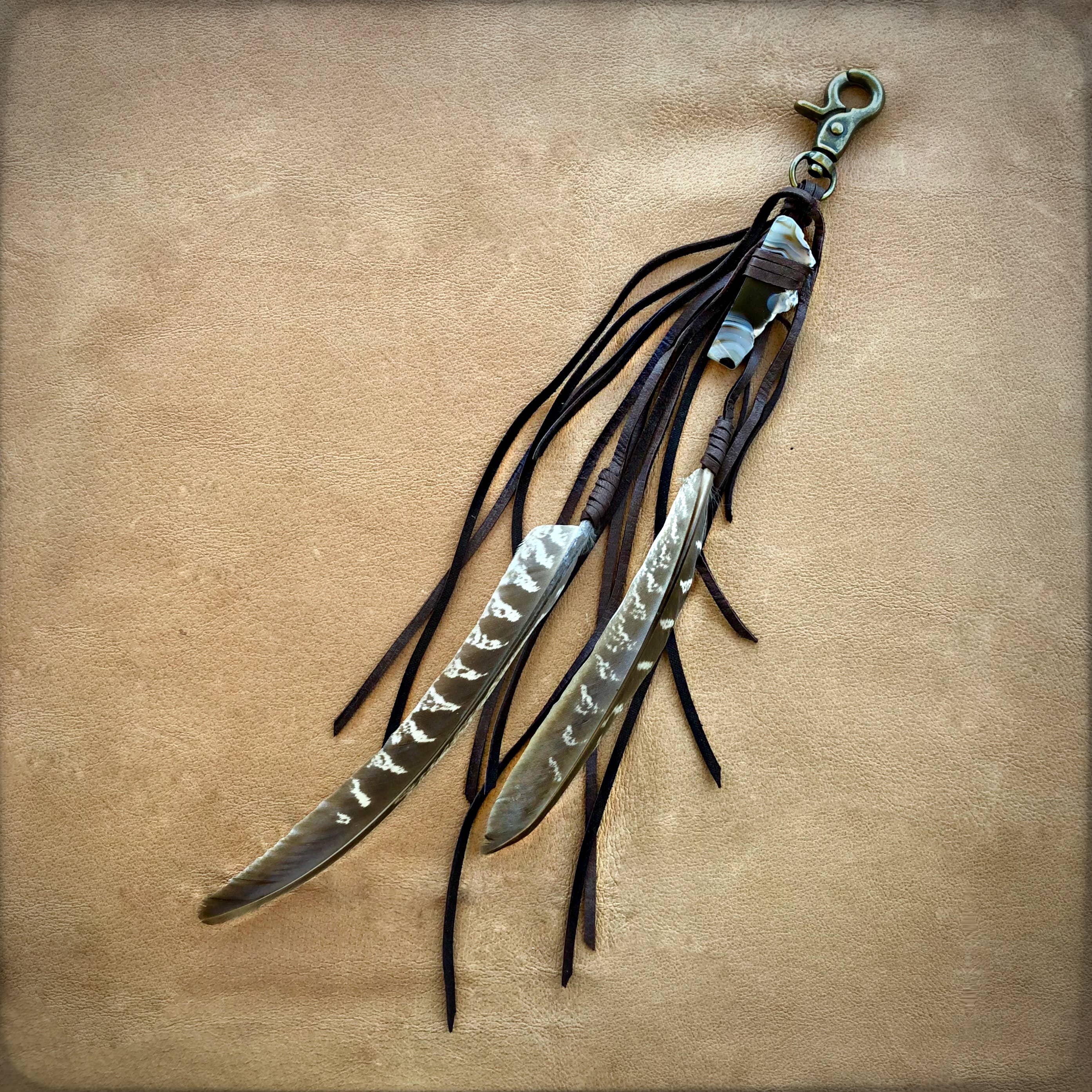 Clip, Feather & Chocolate Deerskin Leather with Agate Stone, SALE!