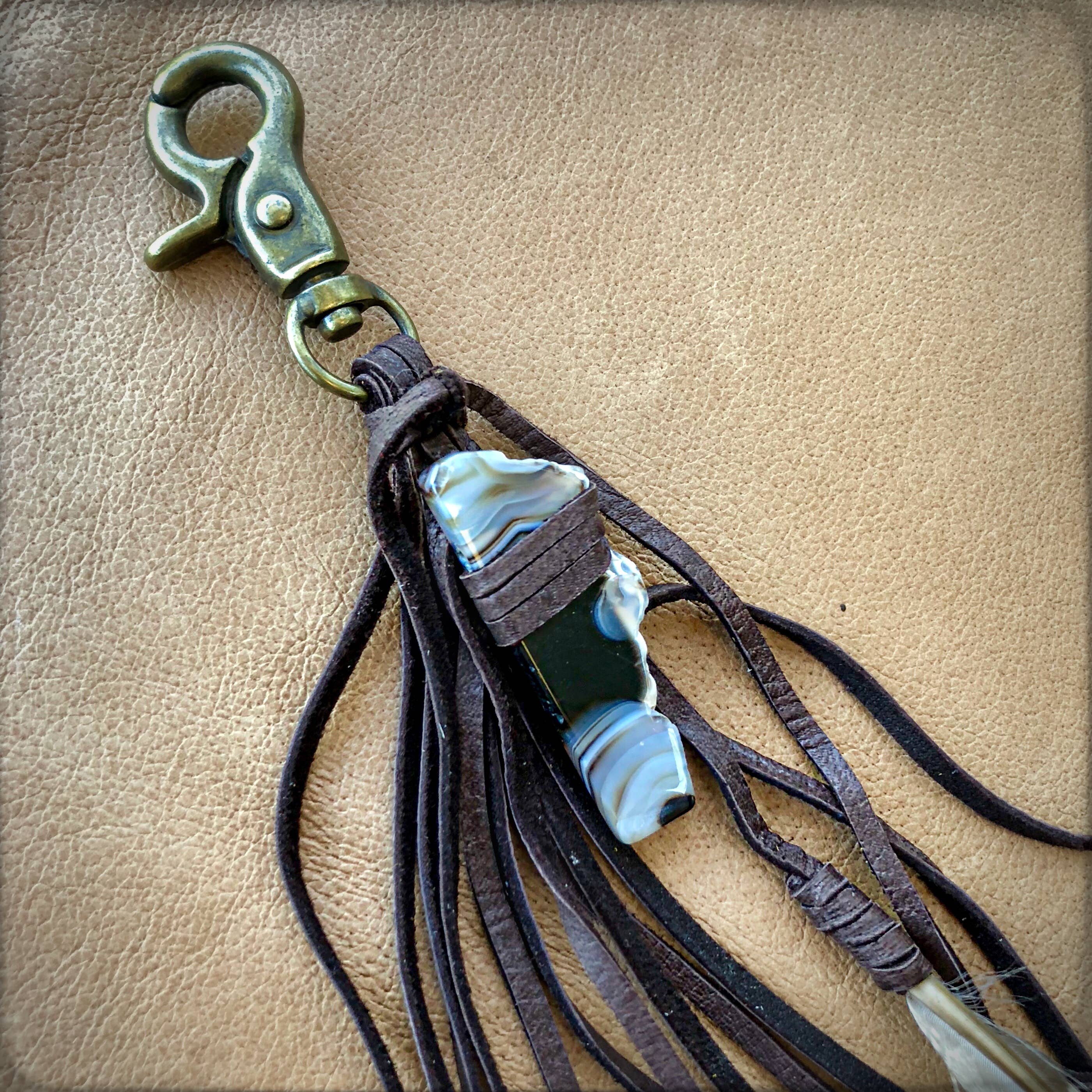 Clip, Feather & Chocolate Deerskin Leather with Agate Stone, SALE!