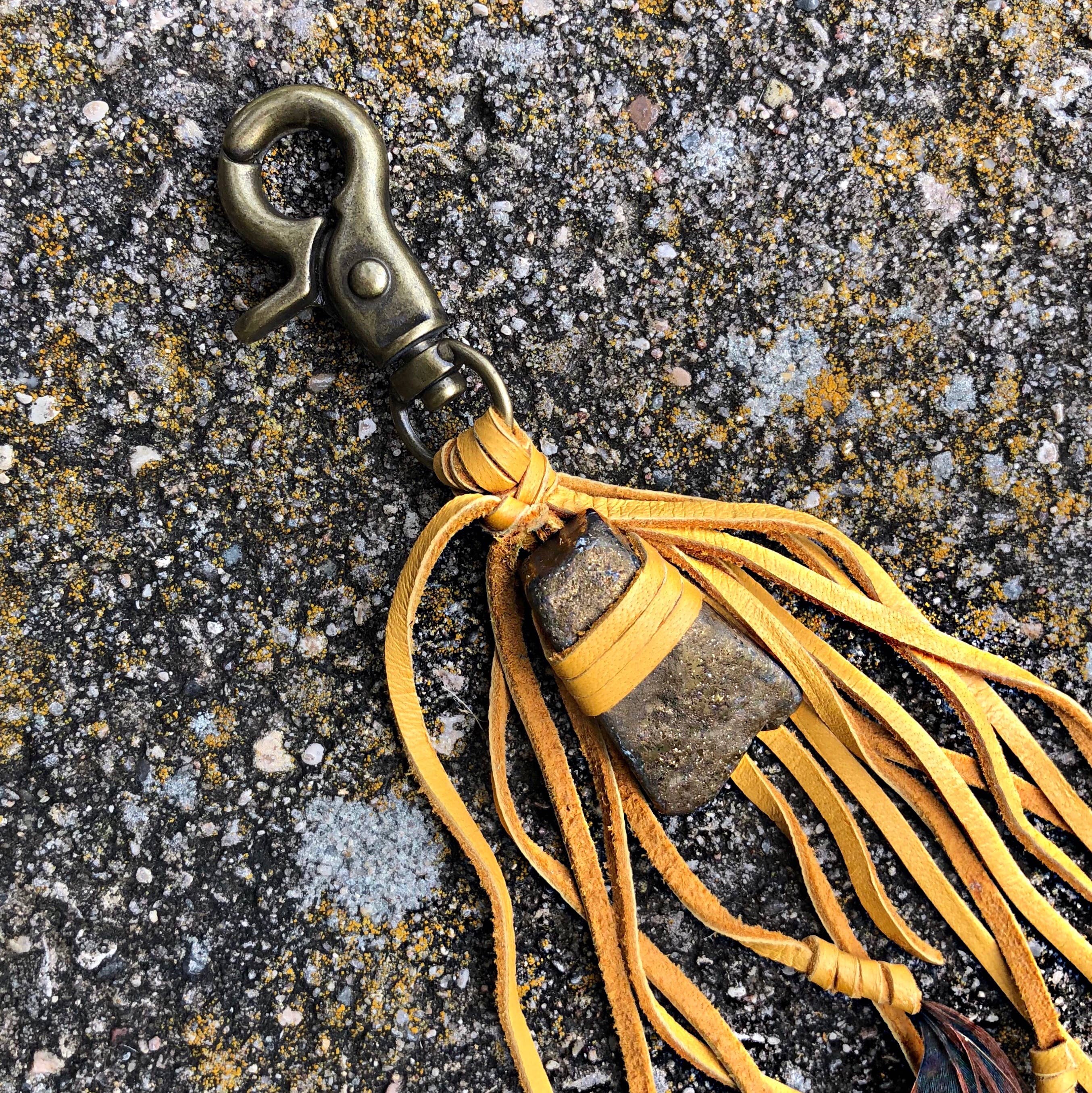 Clip, Feather & Gold Deerskin Leather with Gold Stone, SALE!