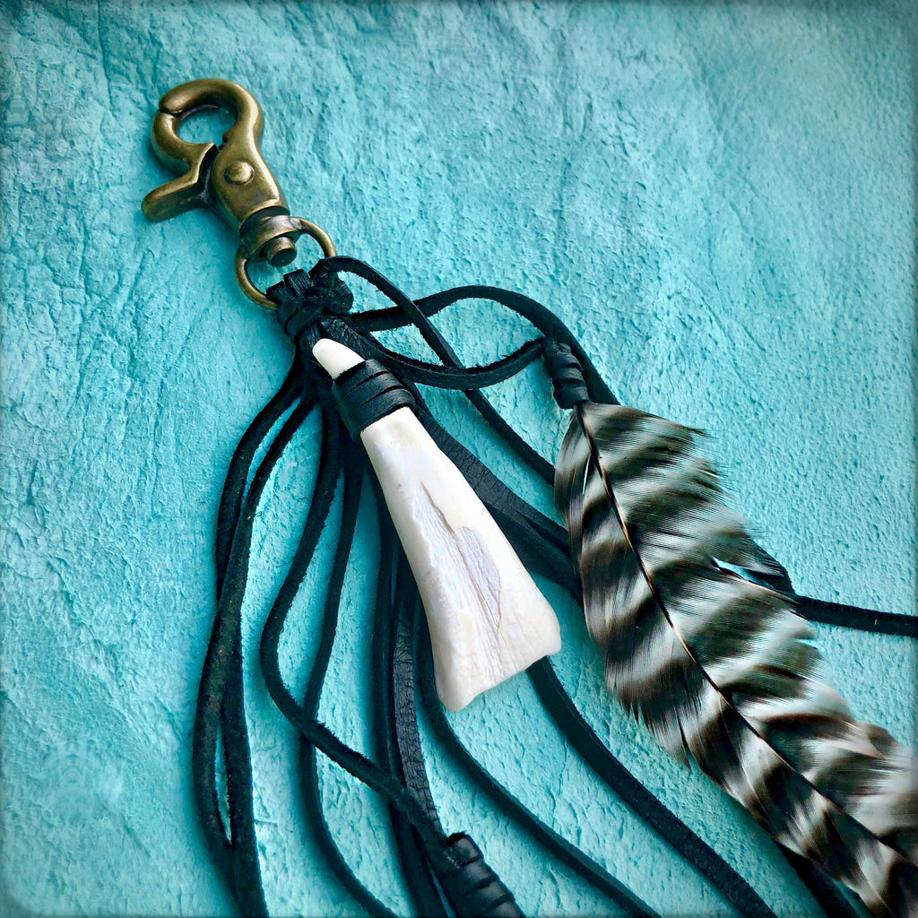 Clip, Feather & Black Deerskin Leather with Buffalo Tooth, SALE!