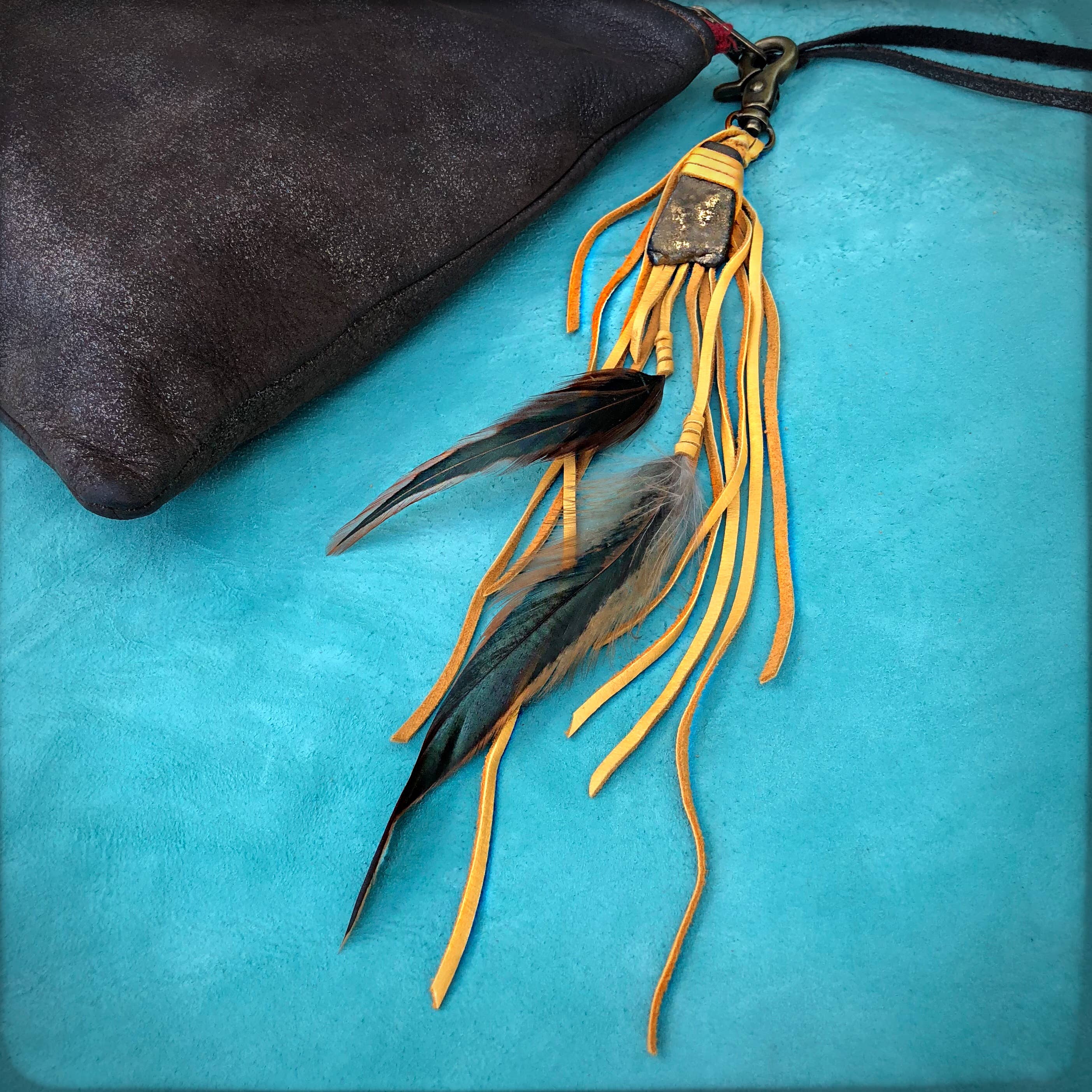 Clip, Feather & Gold Deerskin Leather with Gold Stone, SALE!
