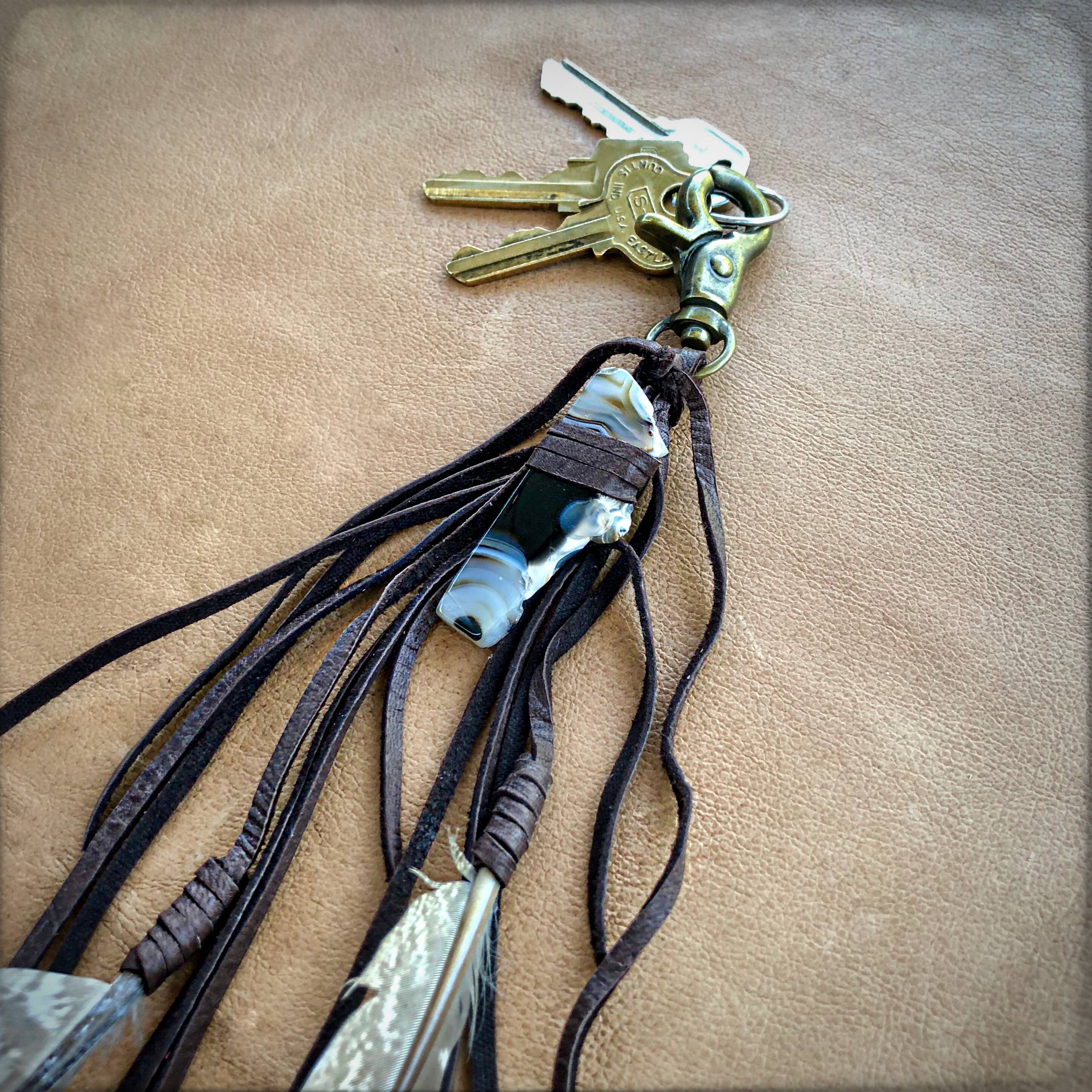 Clip, Feather & Chocolate Deerskin Leather with Agate Stone, SALE!