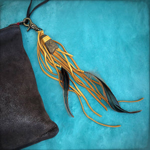 Clip, Feather & Gold Deerskin Leather with Gold Stone, SALE!