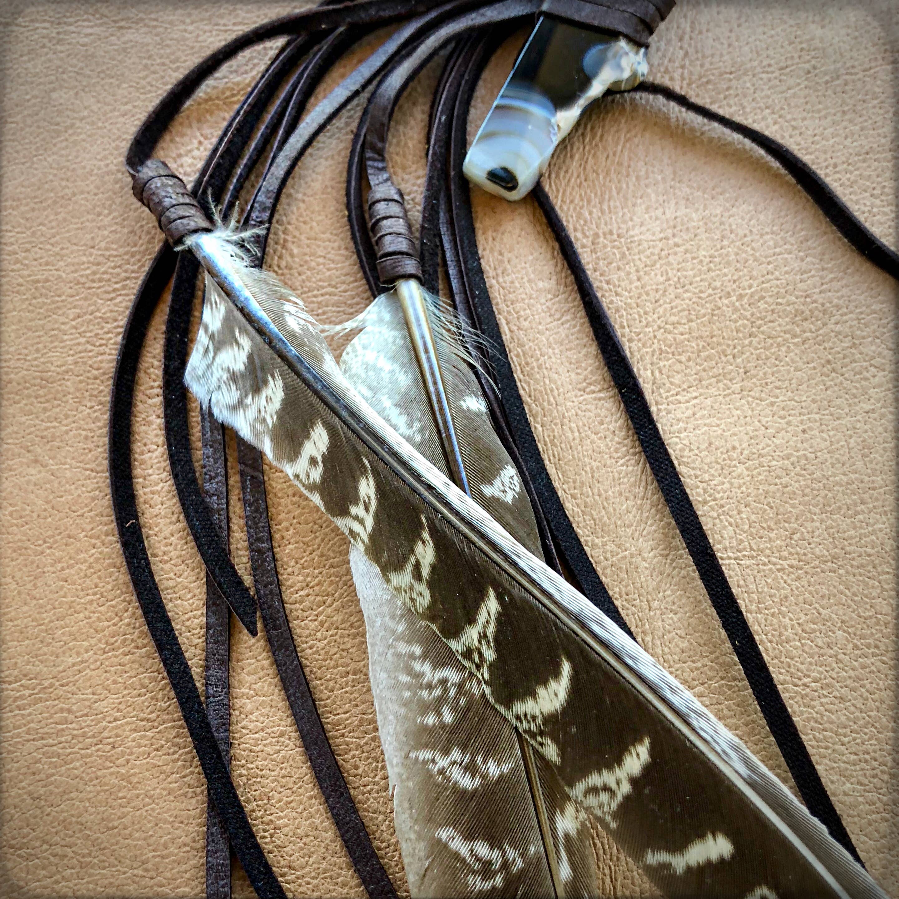 Clip, Feather & Chocolate Deerskin Leather with Agate Stone, SALE!