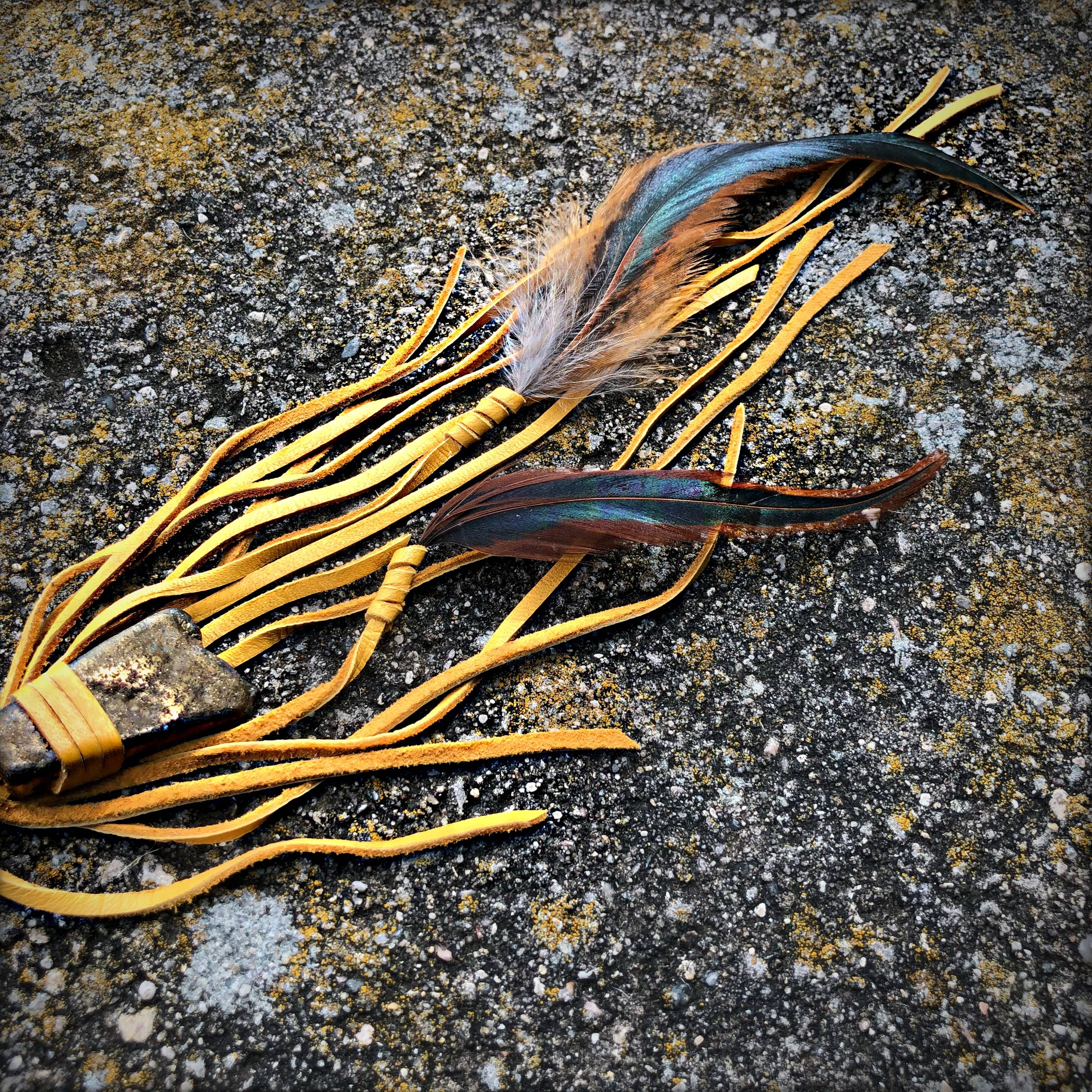 Clip, Feather & Gold Deerskin Leather with Gold Stone, SALE!