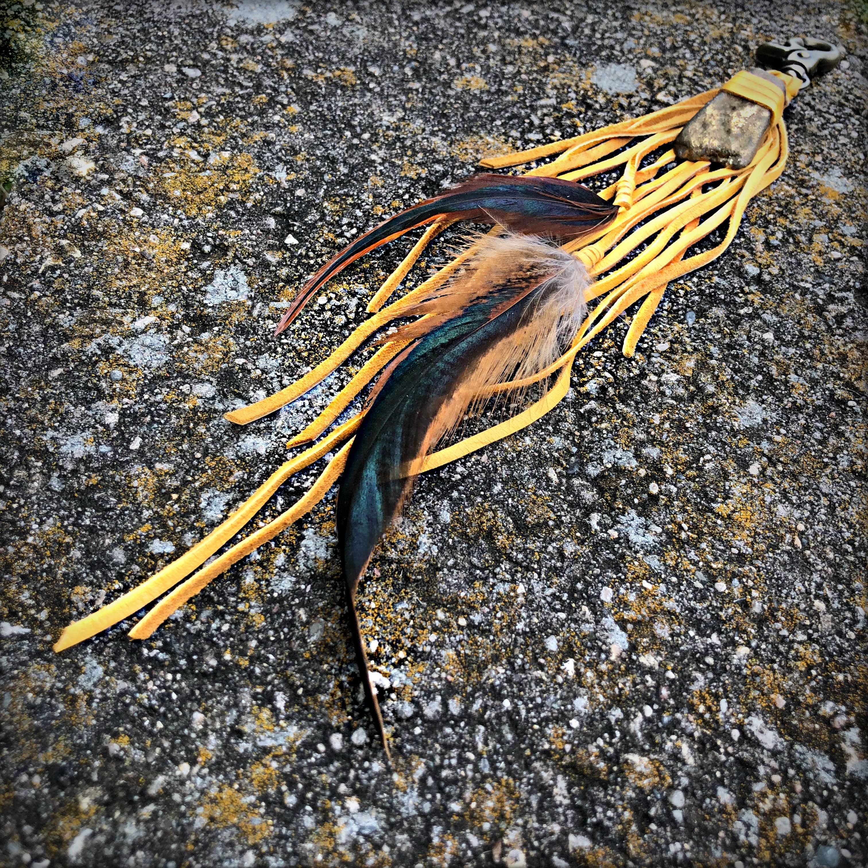 Clip, Feather & Gold Deerskin Leather with Gold Stone, SALE!