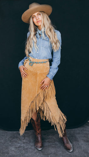 Skirt, Long Suede Leather with Fringe - Style L659