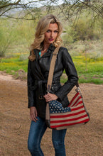Beautiful-Woman-Carrying-Suede-Leather-American-Flag-Handbag-by-Scully-B124