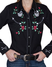 Woman-Wearing-Embroidered-Skulls-and-Roses-Blouse-by-Scully-PL771-1