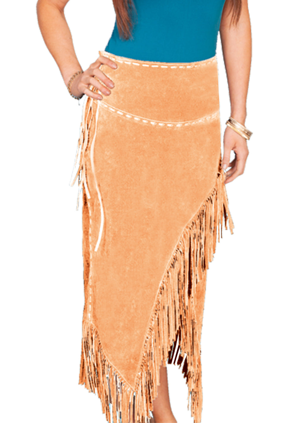 Beautiful-Woman-Wearing-Long-Suede-Fringed-Skirt-by-Scully-L659