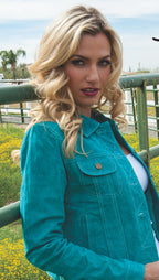 Beautiful-Woman-Wearing-Turquoise-Suede-Leather-Jean-Jacket-by-Scully-L107