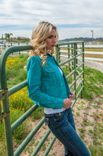 Beautiful-Woman-Wearing-Turquoise-Suede-Leather-Jean-Jacket-by-Scully-L107