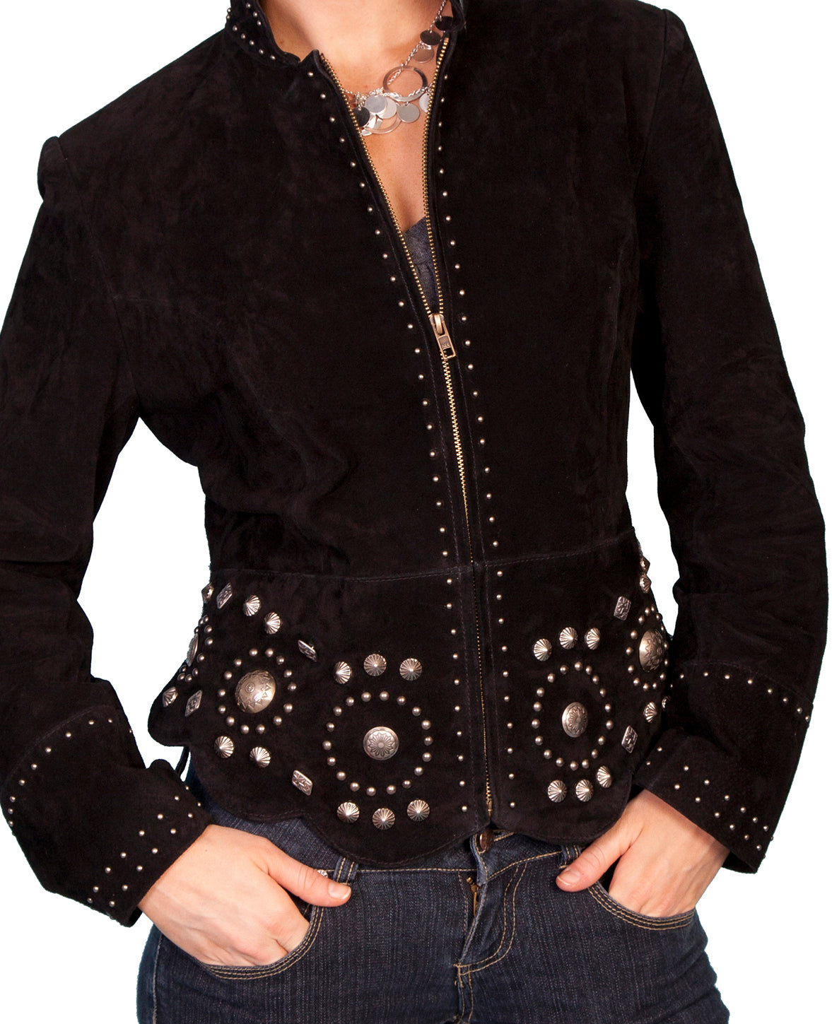 Beautiful-Woman-Wearing-a-Black-Leather-Concho-Jacket-by-Scully-L191