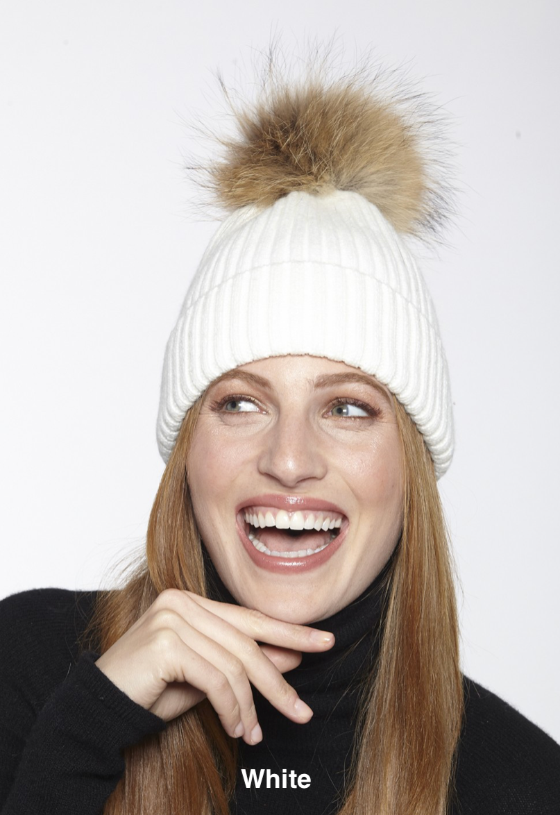 Beautiful-Woman-Wearing-the-Wool-Ribbed-Stocking-Cap-with-Genuine-Fur-Pom-Pom-by-Linda-Richards-HA11