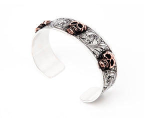 Cuff, Sterling Silver with Copper Skulls, Hand Engraved CB-08