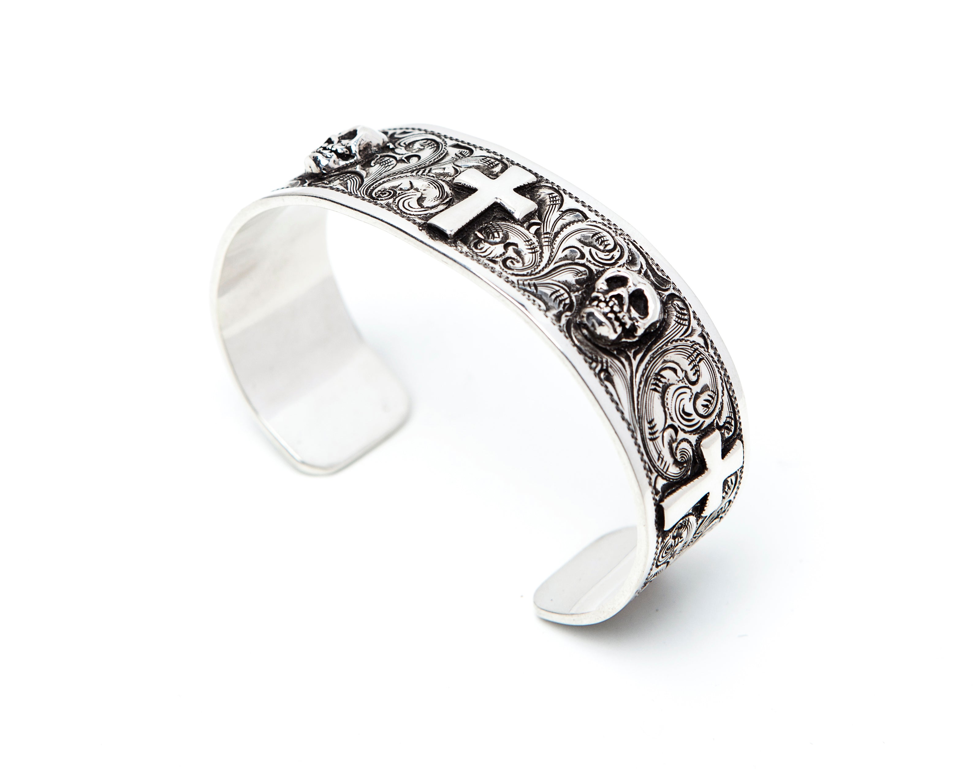 Cuff, Sterling Skulls & Crosses, Hand Engraved CB-13