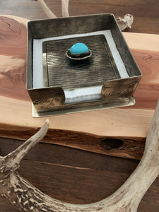 Napkin Holder, Stamped Rustic Silver Cocktail Napkin Holder with Turquoise Top