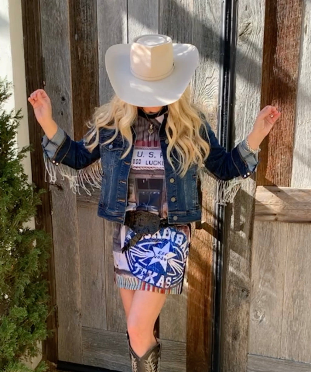 Jacket, Western Cut Denim with Rhinestone Fringe - Style HC792