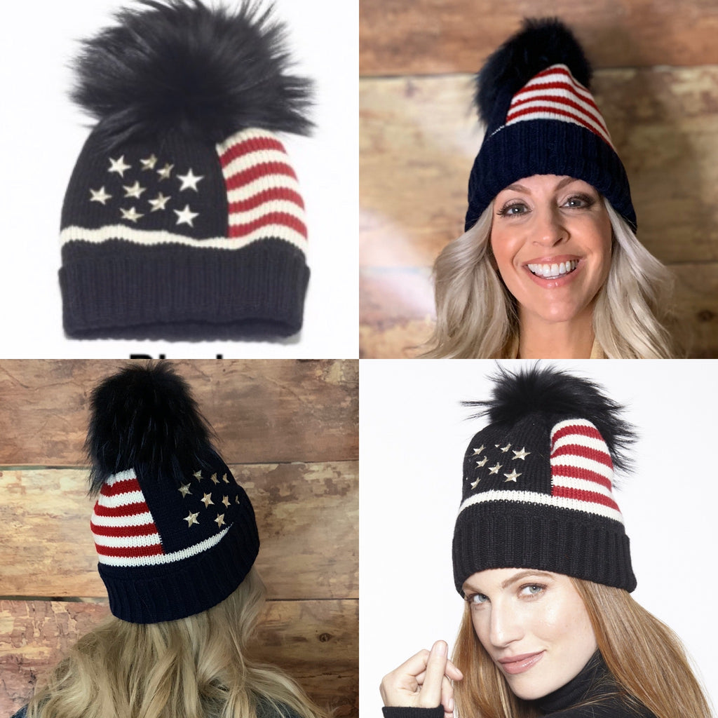 Hat, American Flag Stars and Stripes with Genuine Fur Pom - Linda Richards - Style HA52