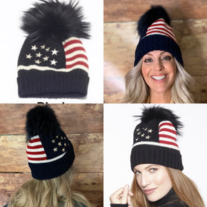 Hat, American Flag Stars and Stripes with Genuine Fur Pom Pom, HA52
