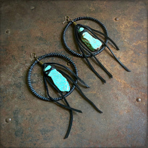 Earrings, Hoops with Rust Leather & Turquoise Stones