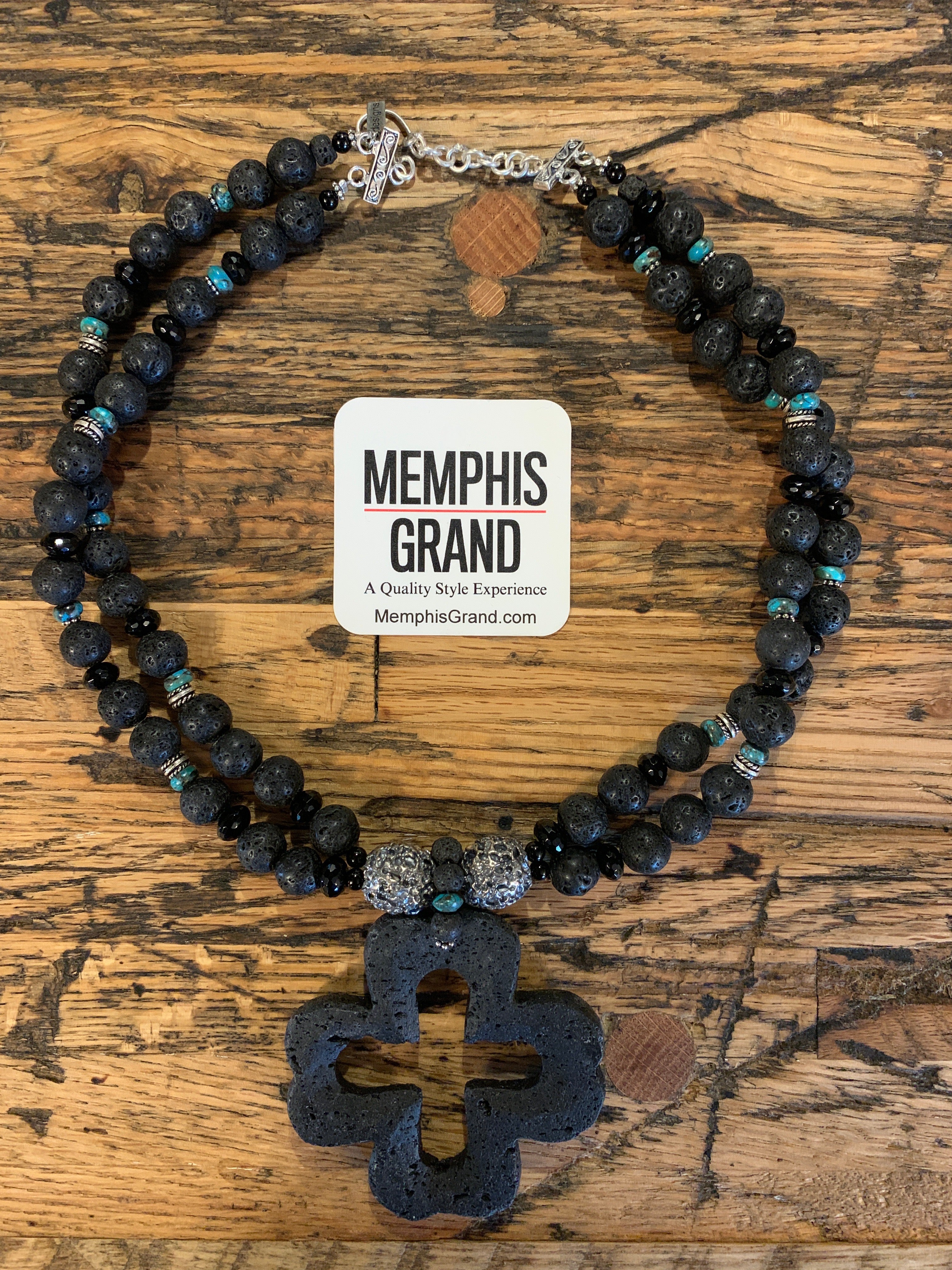 Necklace, Lava Cross Pendant with Two Strands of Lava Beads, 287A
