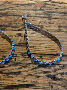 Earrings, Large Tear Drop Hoops with Turquoise in Sterling Silver, USA
