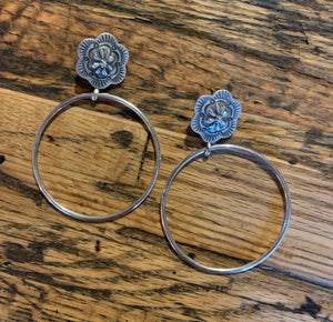 Earrings, Large Hoops in Sterling Silver with Floral Post, SALE!