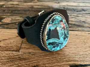 Cuff, Turquoise Slab with Rope Edge on Leather Cuff