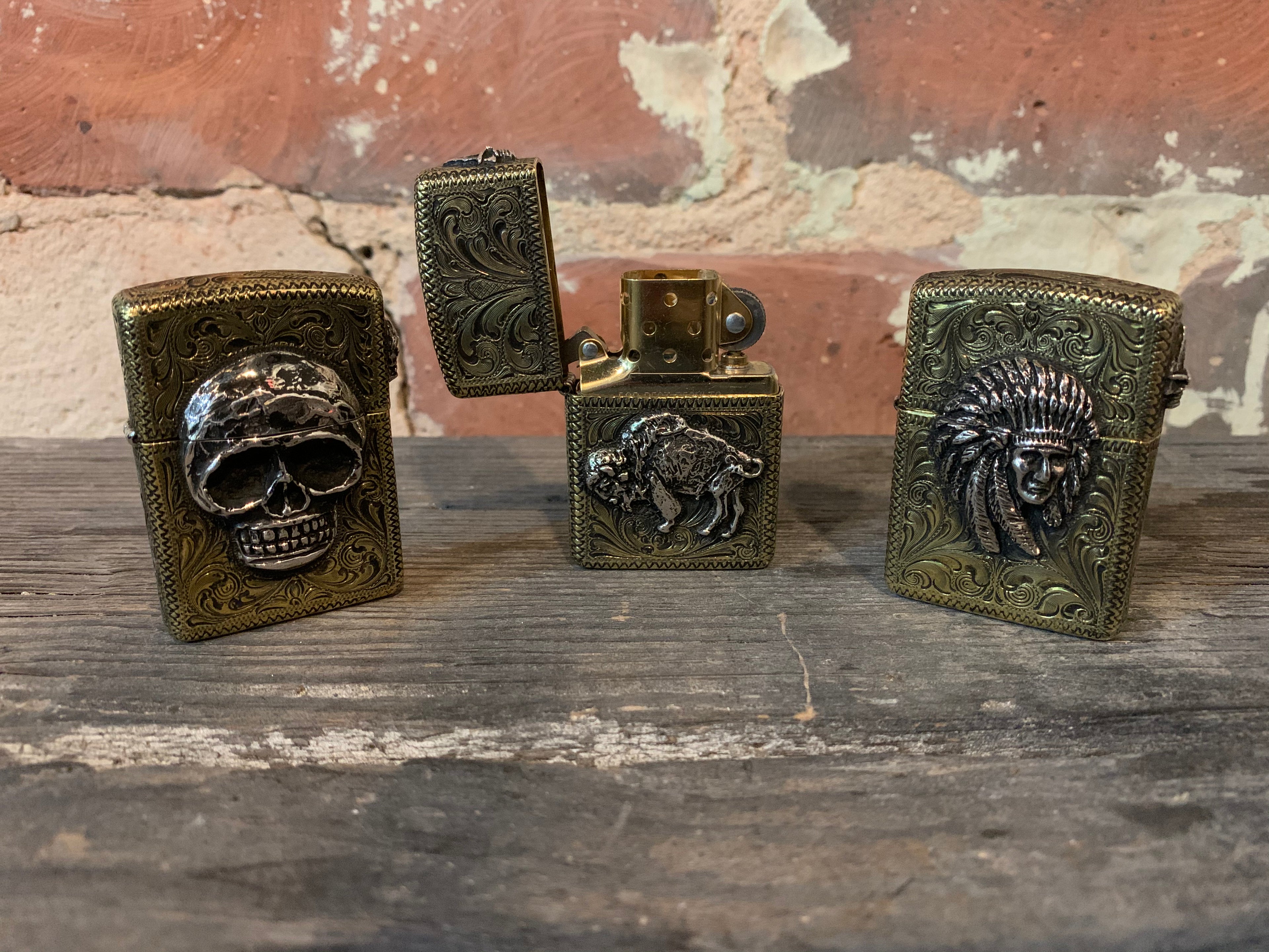 Zippo Lighter with Sterling Silver Chief, Engraved Custom Brass Armor