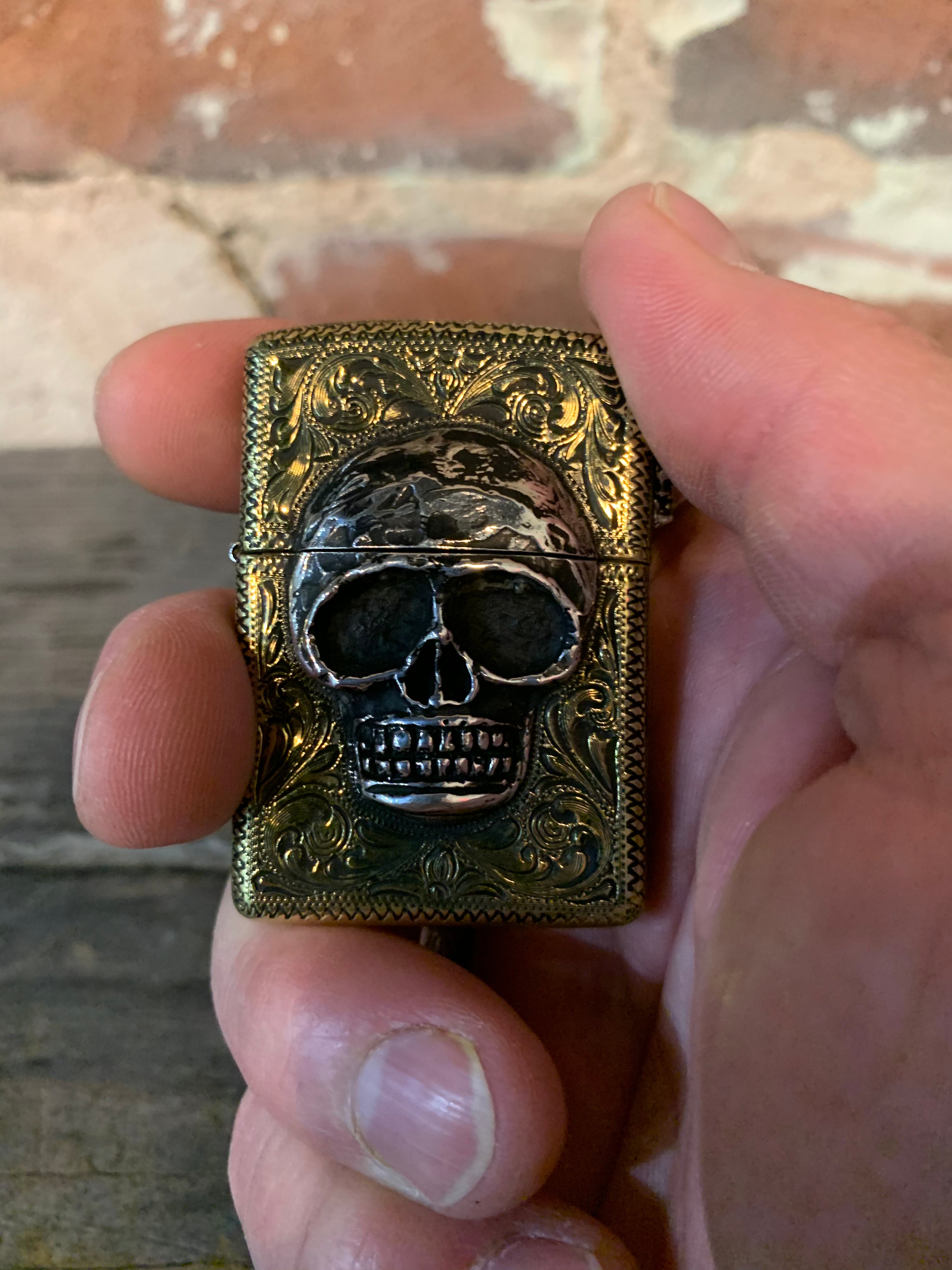 Zippo Lighter with Sterling Silver Skulls, Engraved Custom Brass Armor