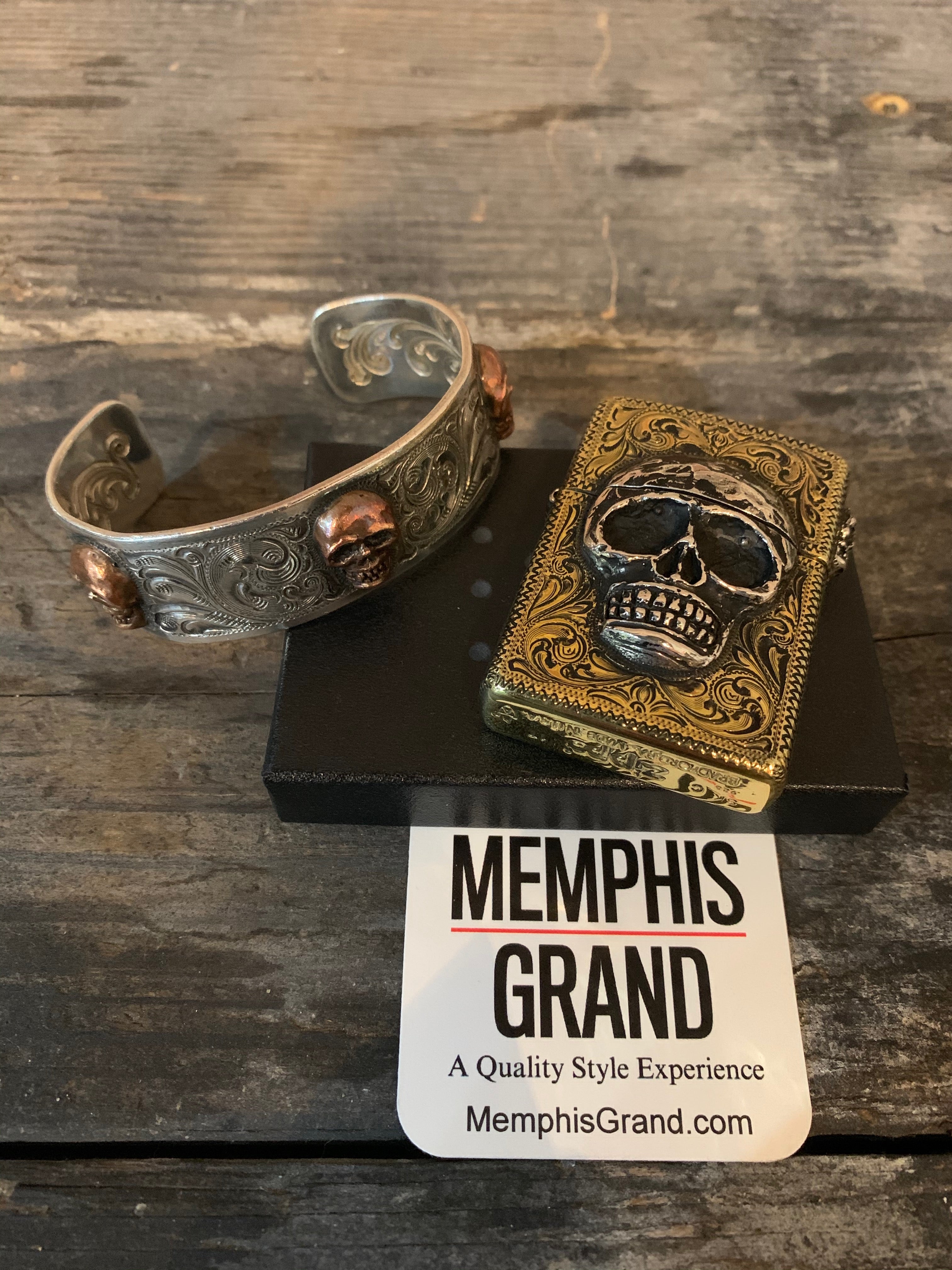 Zippo Lighter with Sterling Silver Skulls, Engraved Custom Brass Armor