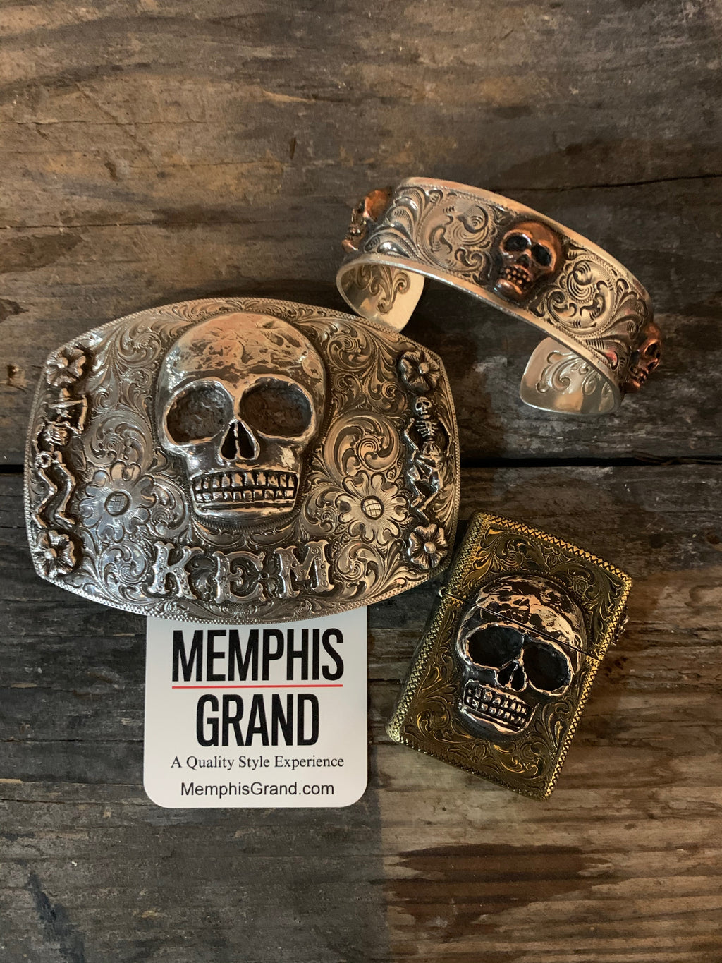 Zippo Lighter with Sterling Silver Skulls, Engraved Custom Brass Armor