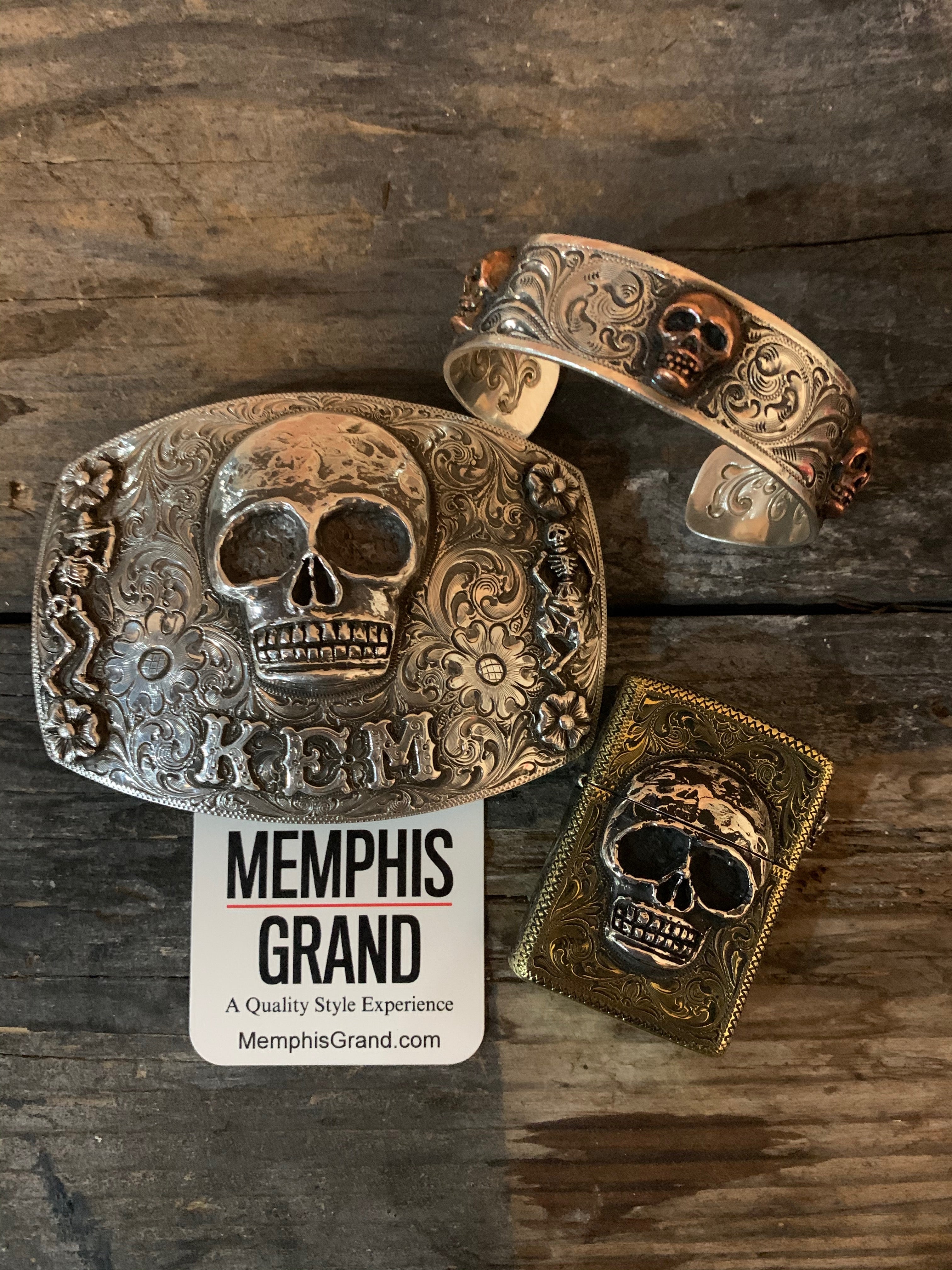 Zippo Lighter with Sterling Silver Skulls, Engraved Custom Brass Armor