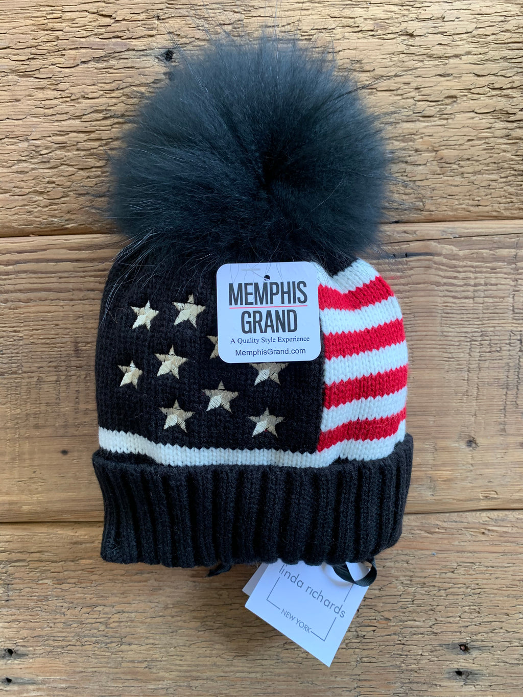 Hat, American Flag Stars and Stripes with Genuine Fur Pom - Linda Richards - Style HA52