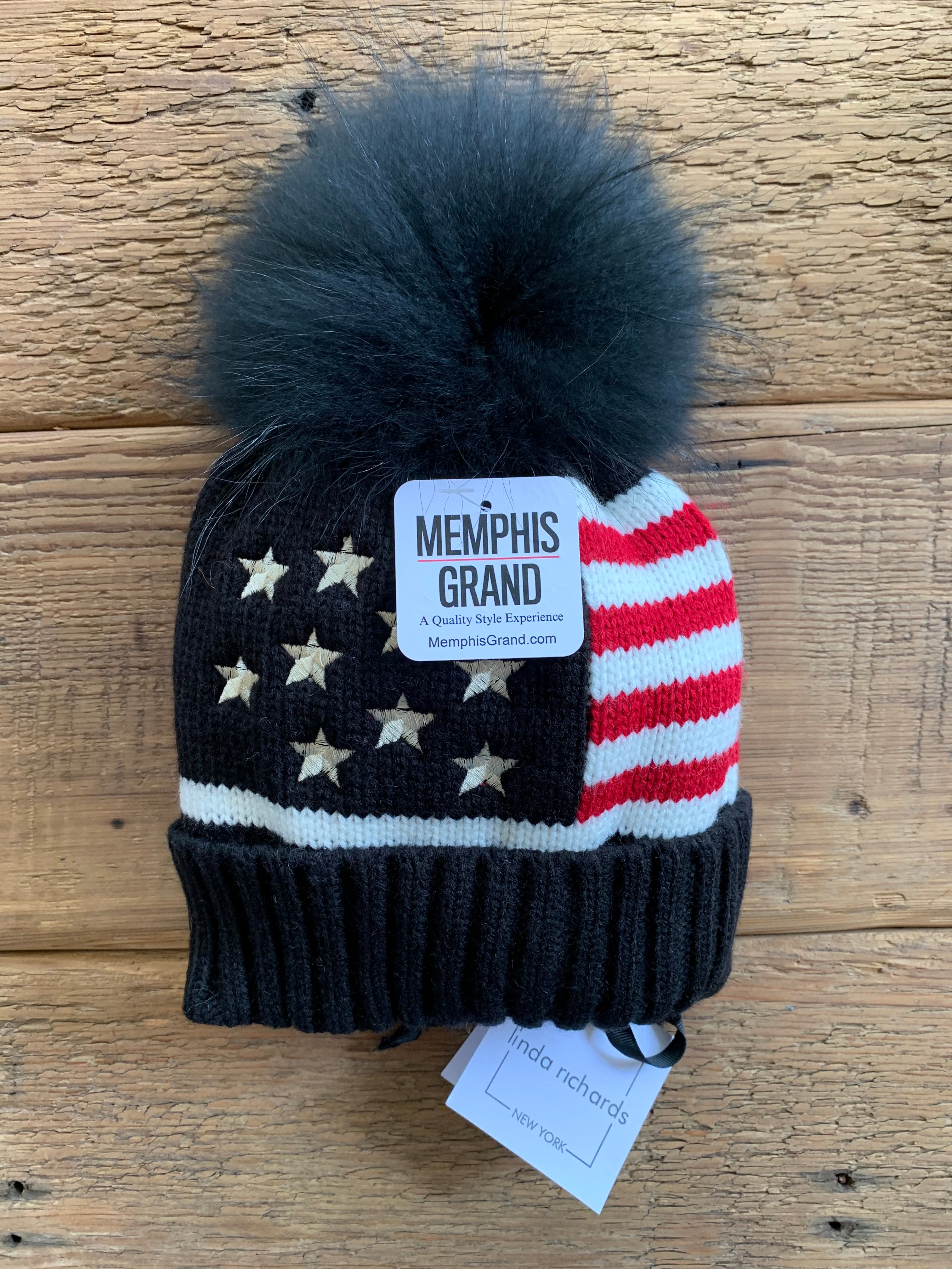 Hat, American Flag Stars and Stripes with Genuine Fur Pom - Linda Richards - Style HA52