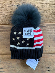 Hat, American Flag Stars and Stripes with Genuine Fur Pom Pom, HA-52