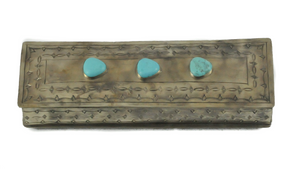 Box, Vintage Silver Stamped Long Box with Turquoise Stones