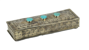 Box, Vintage Silver Stamped Long Box with Turquoise Stones