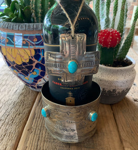 Wine Bottle Coaster, Stamped Rustic Silver Wine Coaster with Turquoise and Bottle Ornament