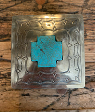 Box, Stamped Square Rustic Silver Box with Turquoise Cross